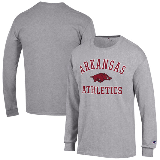 Men's Champion  Gray Arkansas Razorbacks Athletics Logo Long Sleeve T-Shirt