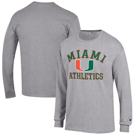 Men's Champion  Gray Miami Hurricanes Athletics Logo Long Sleeve T-Shirt