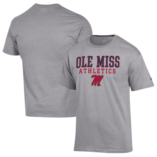 Men's Champion  Gray Ole Miss Rebels Athletics Logo Stack T-Shirt