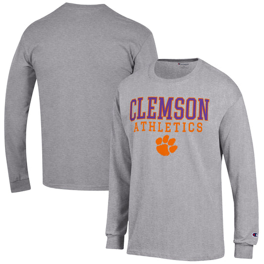 Men's Champion  Gray Clemson Tigers Athletics Logo Stack Long Sleeve T-Shirt