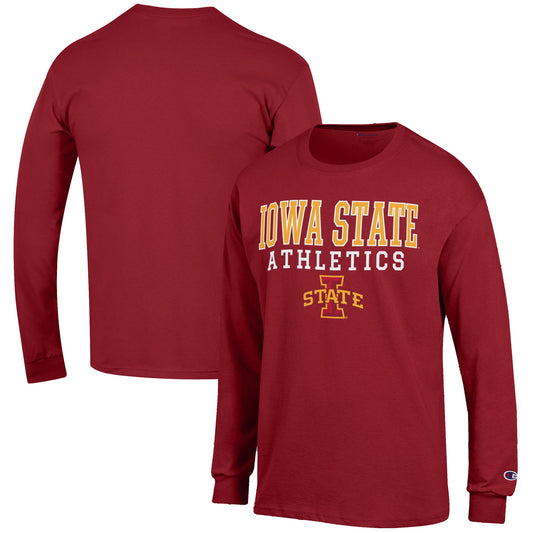 Men's Champion  Cardinal Iowa State Cyclones Athletics Logo Stack Long Sleeve T-Shirt