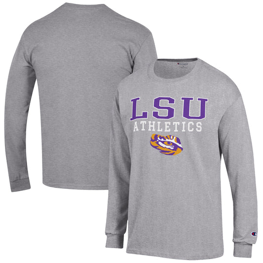 Men's Champion  Gray LSU Tigers Athletics Logo Stack Long Sleeve T-Shirt