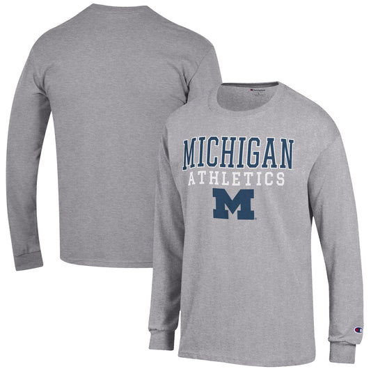 Men's Champion  Gray Michigan Wolverines Athletics Logo Stack Long Sleeve T-Shirt