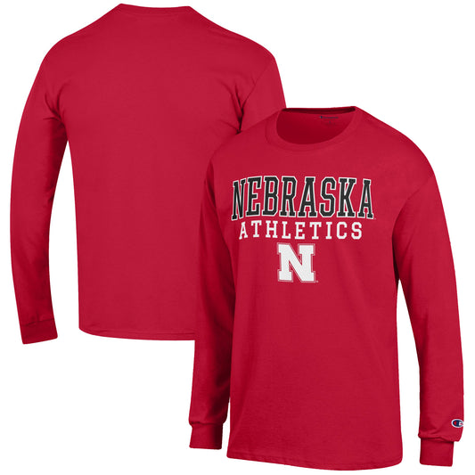 Men's Champion  Scarlet Nebraska Huskers Athletics Logo Stack Long Sleeve T-Shirt