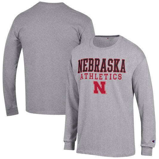 Men's Champion  Gray Nebraska Huskers Athletics Logo Stack Long Sleeve T-Shirt