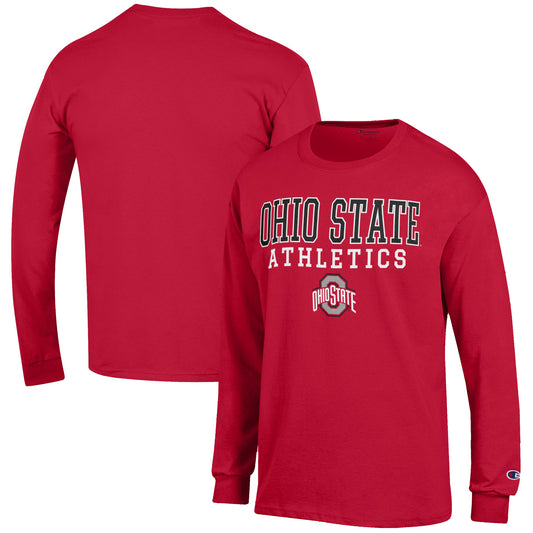 Men's Champion  Scarlet Ohio State Buckeyes Athletics Logo Stack Long Sleeve T-Shirt