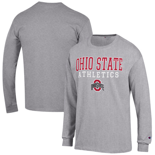 Men's Champion  Gray Ohio State Buckeyes Athletics Logo Stack Long Sleeve T-Shirt