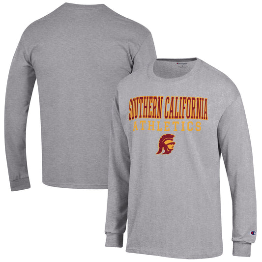 Men's Champion  Gray USC Trojans Athletics Logo Stack Long Sleeve T-Shirt