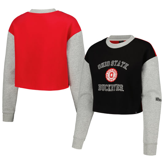 Women's Hype and Vice Black Ohio State Buckeyes Colorblock Rookie Crew Pullover Sweatshirt