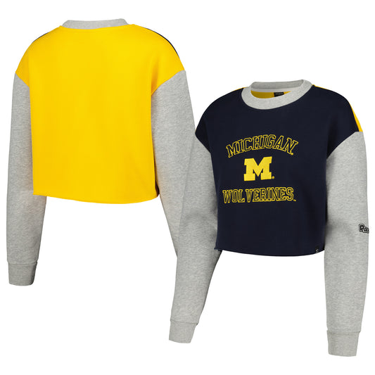 Women's Hype and Vice Navy Michigan Wolverines Colorblock Rookie Crew Pullover Sweatshirt