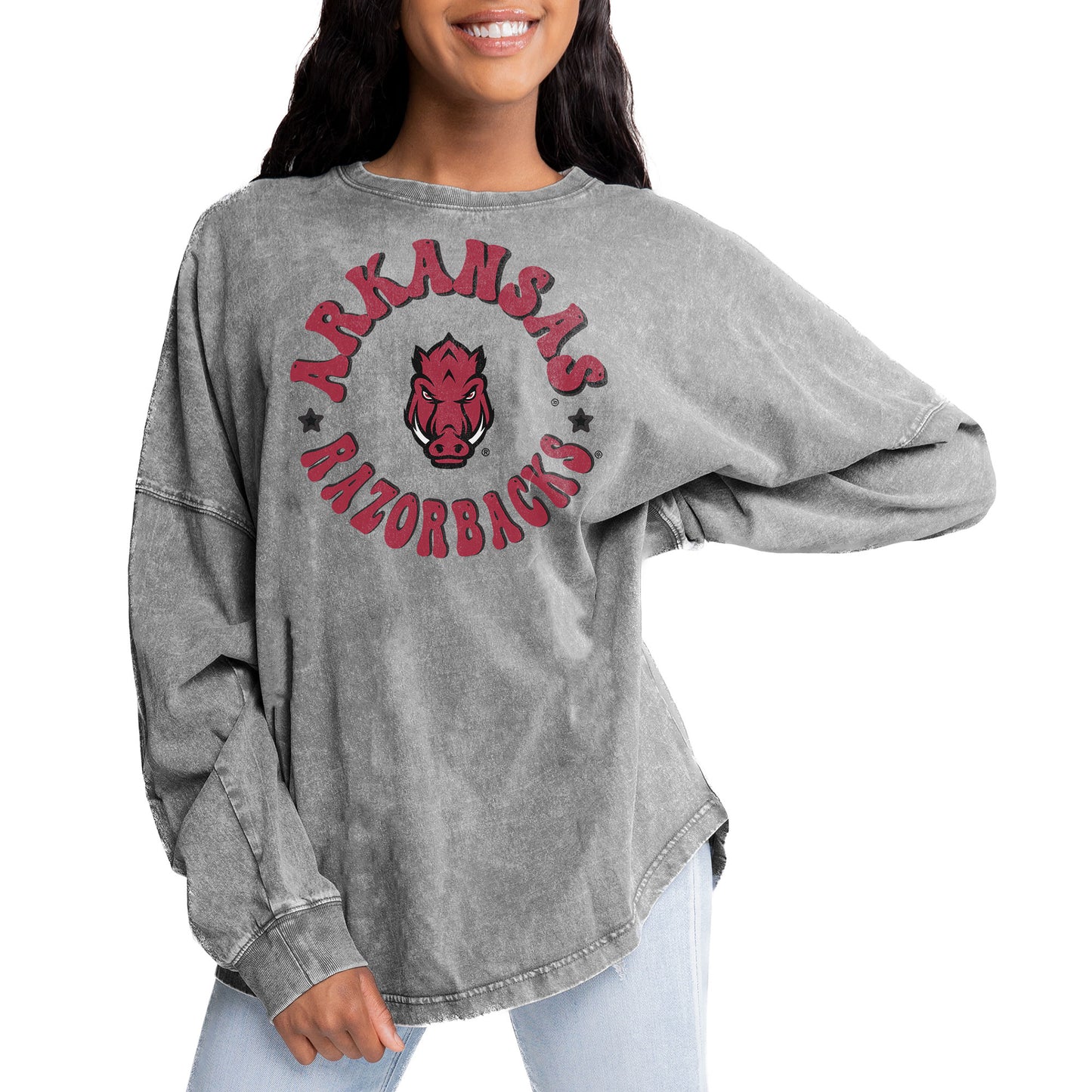 Women's Gameday Couture Gray Arkansas Razorbacks Playing Around Faded Wash Oversized Long Sleeve T-Shirt