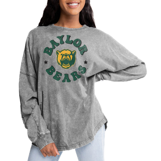 Women's Gameday Couture Gray Baylor Bears Playing Around Faded Wash Oversized Long Sleeve T-Shirt