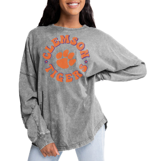 Women's Gameday Couture Gray Clemson Tigers Playing Around Faded Wash Oversized Long Sleeve T-Shirt