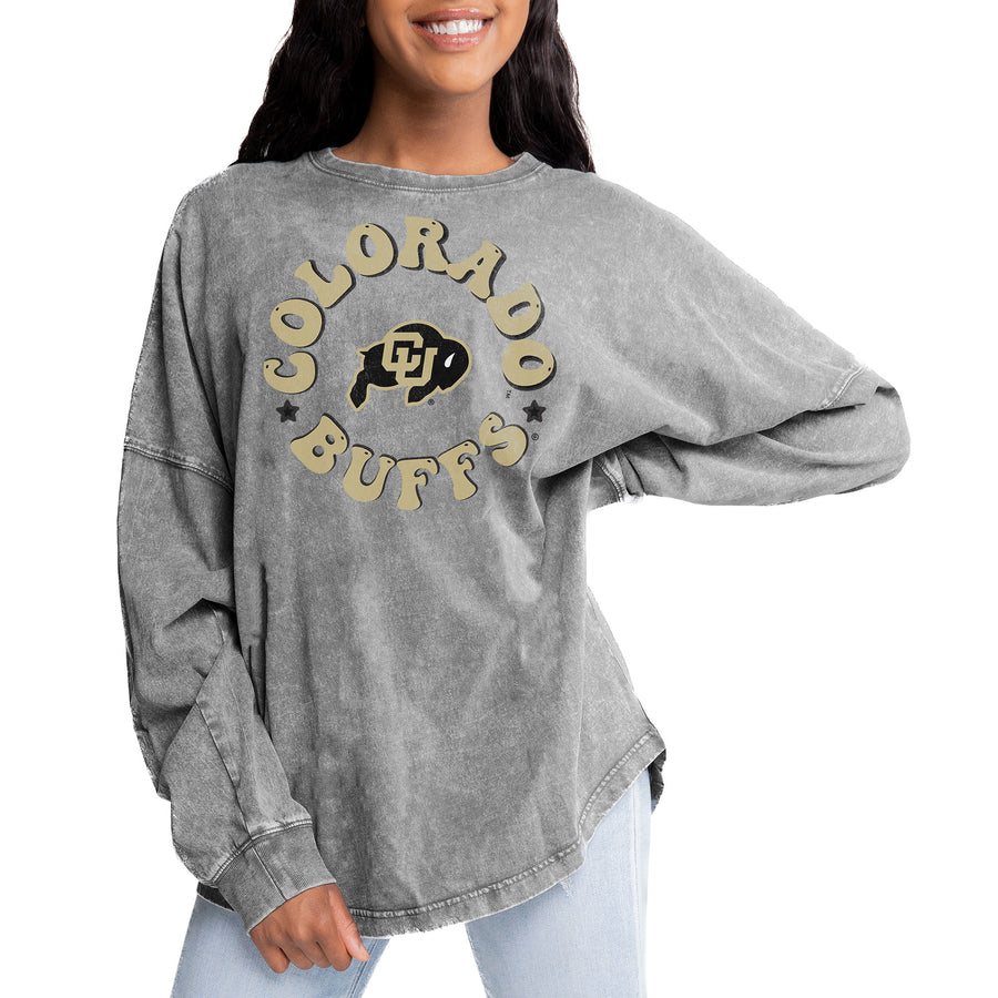 Women's Gameday Couture Gray Colorado Buffaloes Playing Around Faded Wash Oversized Long Sleeve T-Shirt