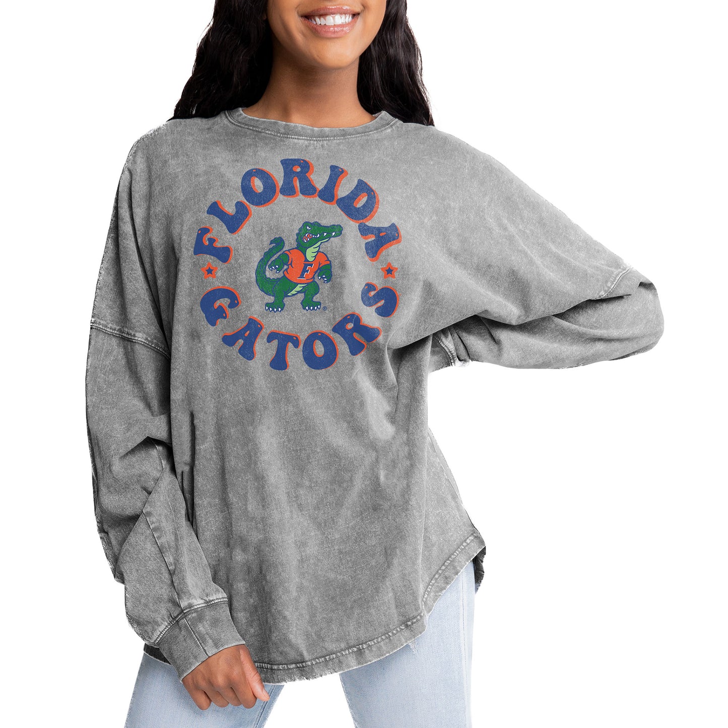 Women's Gameday Couture Gray Florida Gators Playing Around Faded Wash Oversized Long Sleeve T-Shirt