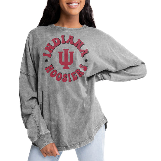 Women's Gameday Couture Gray Indiana Hoosiers Playing Around Faded Wash Oversized Long Sleeve T-Shirt