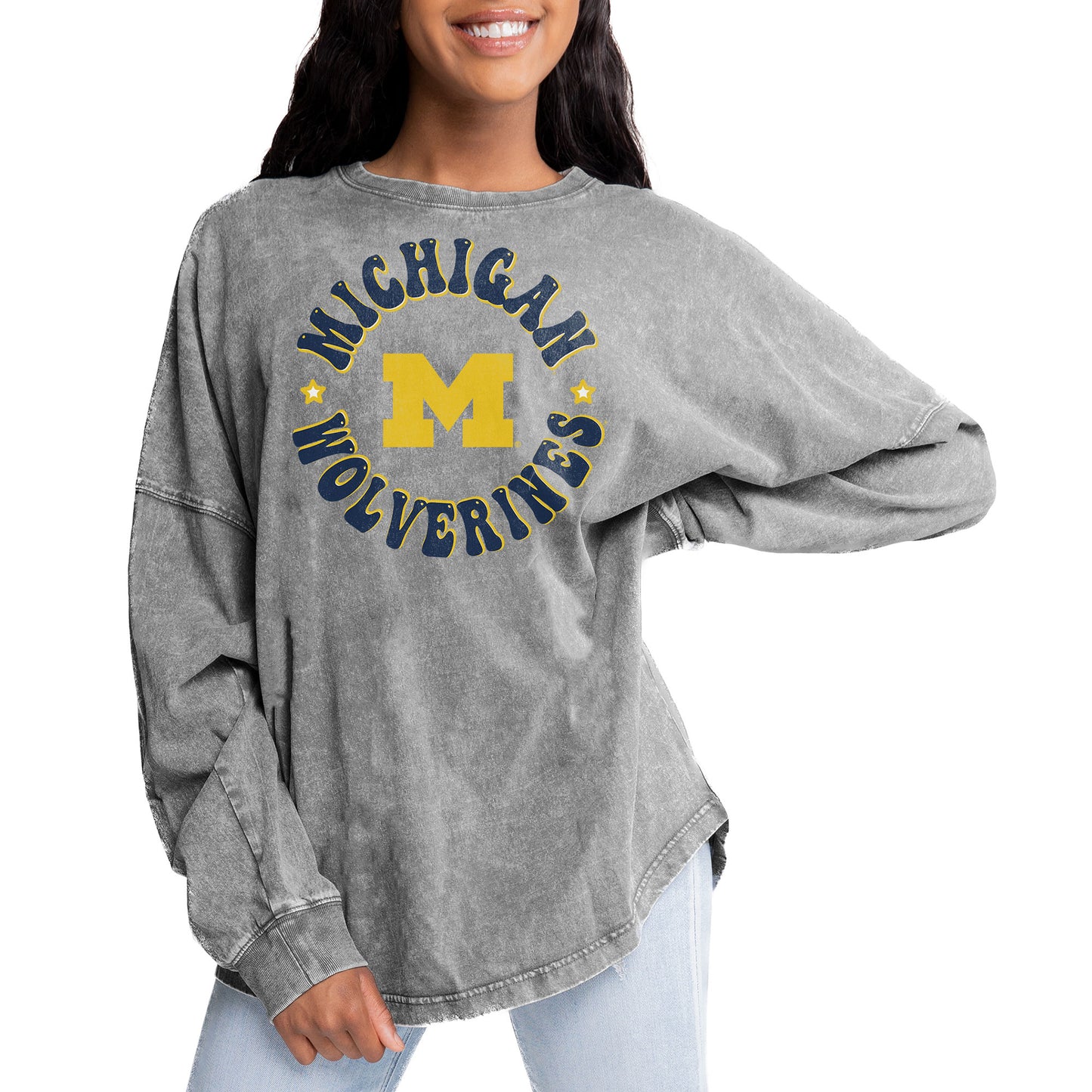 Women's Gameday Couture Gray Michigan Wolverines Playing Around Faded Wash Oversized Long Sleeve T-Shirt