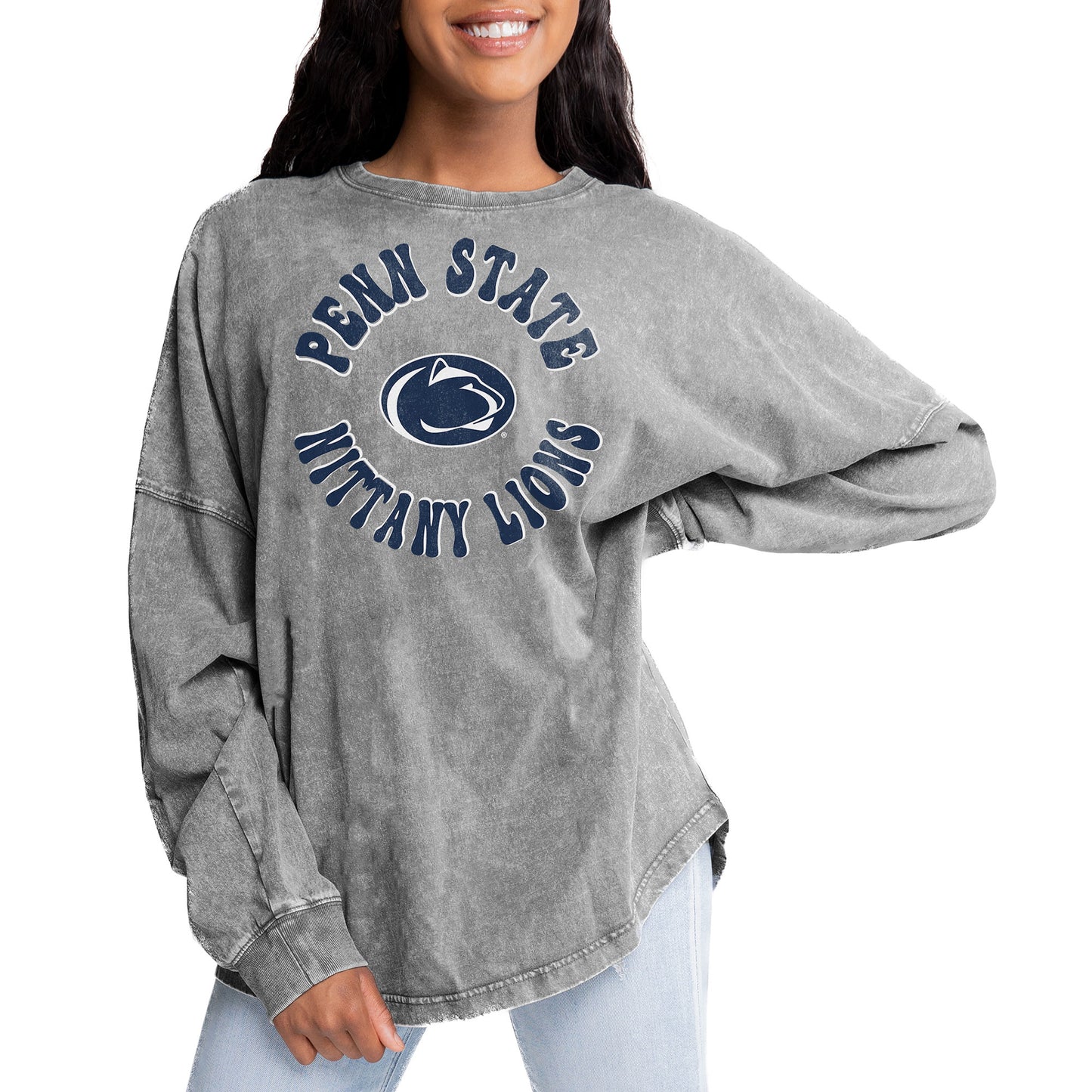 Women's Gameday Couture Gray Penn State Nittany Lions Playing Around Faded Wash Oversized Long Sleeve T-Shirt