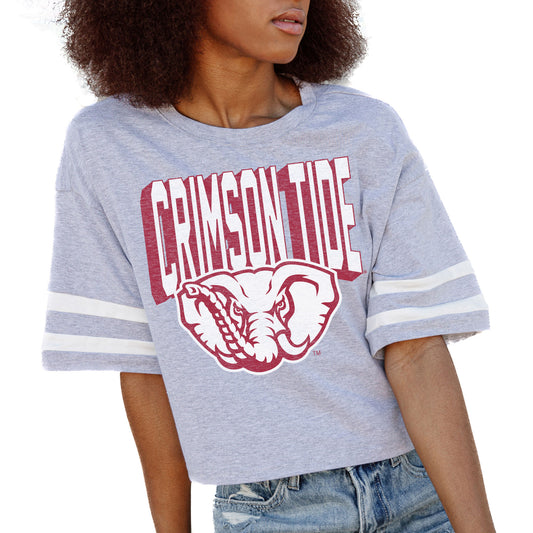 Women's Gameday Couture Gray Alabama Crimson Tide No Shortcuts Drop Shoulder Sleeve Stripe Cropped T-Shirt