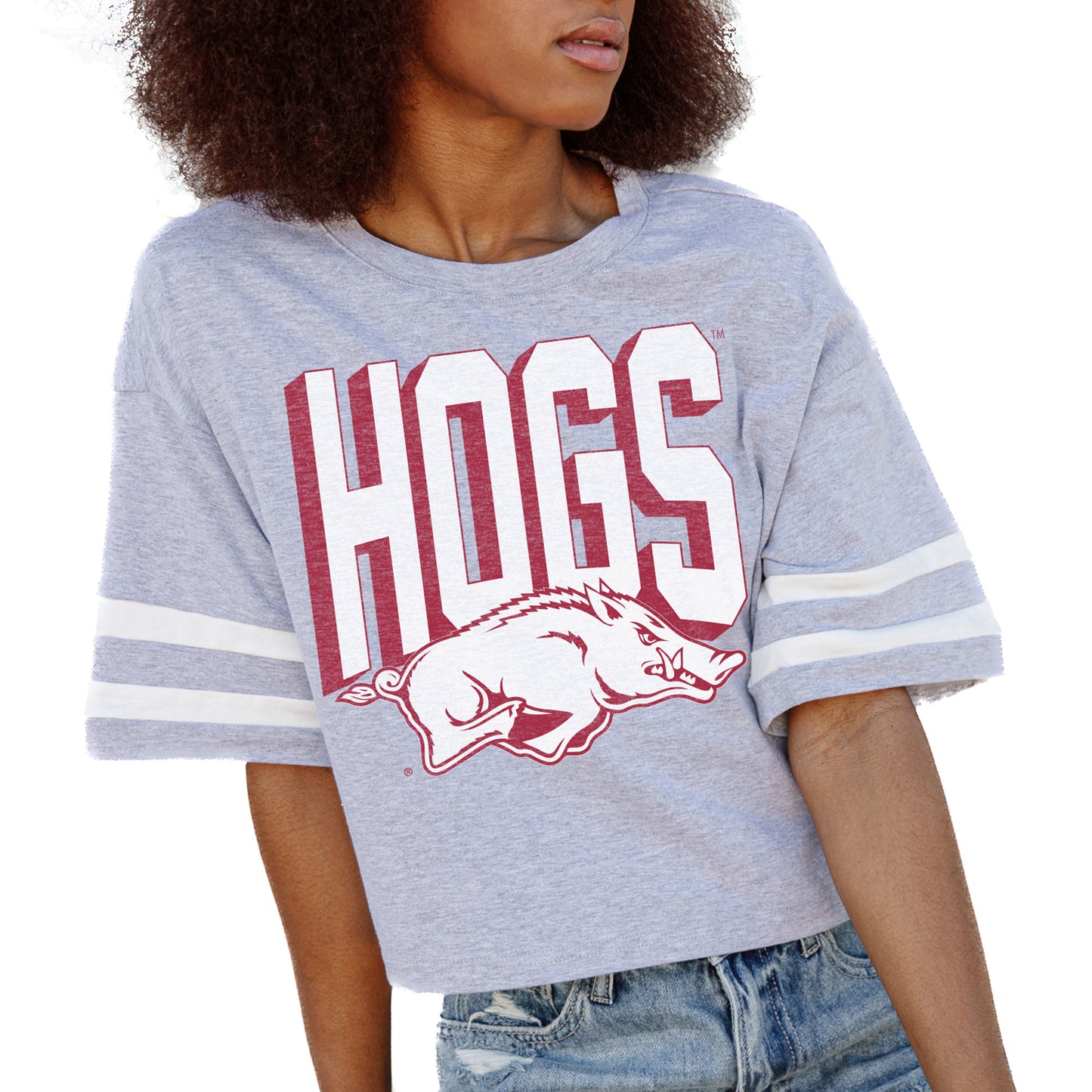 Women's Gameday Couture Gray Arkansas Razorbacks No Shortcuts Drop Shoulder Sleeve Stripe Cropped T-Shirt