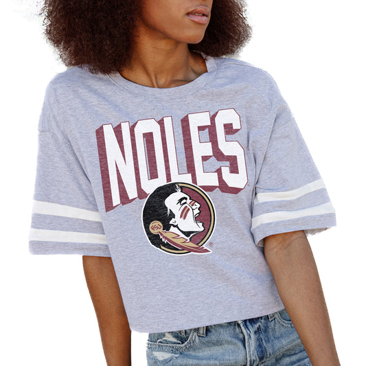 Women's Gameday Couture Gray Florida State Seminoles No Shortcuts Drop Shoulder Sleeve Stripe Cropped T-Shirt