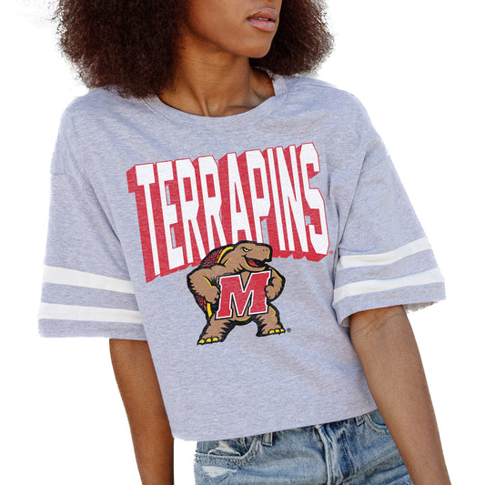 Women's Gameday Couture Gray Maryland Terrapins No Shortcuts Drop Shoulder Sleeve Stripe Cropped T-Shirt