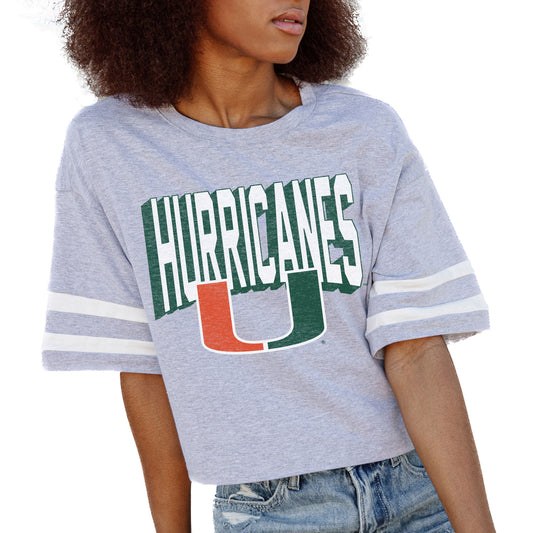 Women's Gameday Couture Gray Miami Hurricanes No Shortcuts Drop Shoulder Sleeve Stripe Cropped T-Shirt