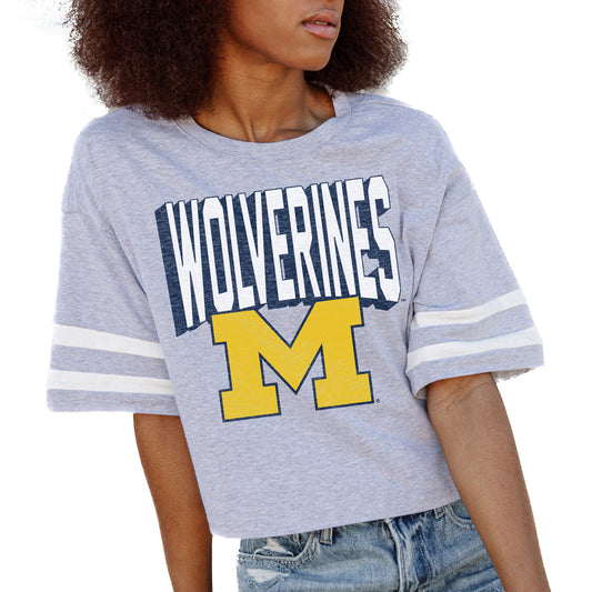 Women's Gameday Couture Gray Michigan Wolverines No Shortcuts Drop Shoulder Sleeve Stripe Cropped T-Shirt