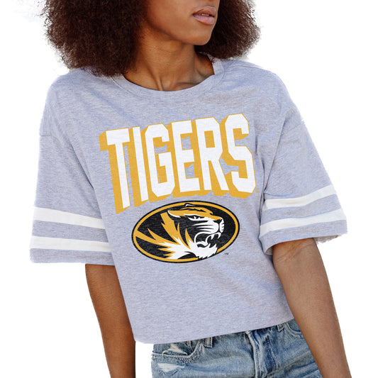 Women's Gameday Couture Gray Missouri Tigers No Shortcuts Drop Shoulder Sleeve Stripe Cropped T-Shirt