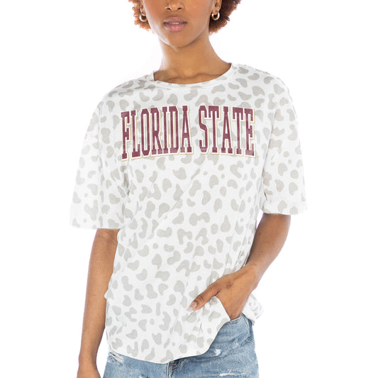 Women's Gameday Couture White Florida State Seminoles Bonus Points Subtle Leopard Print T-Shirt