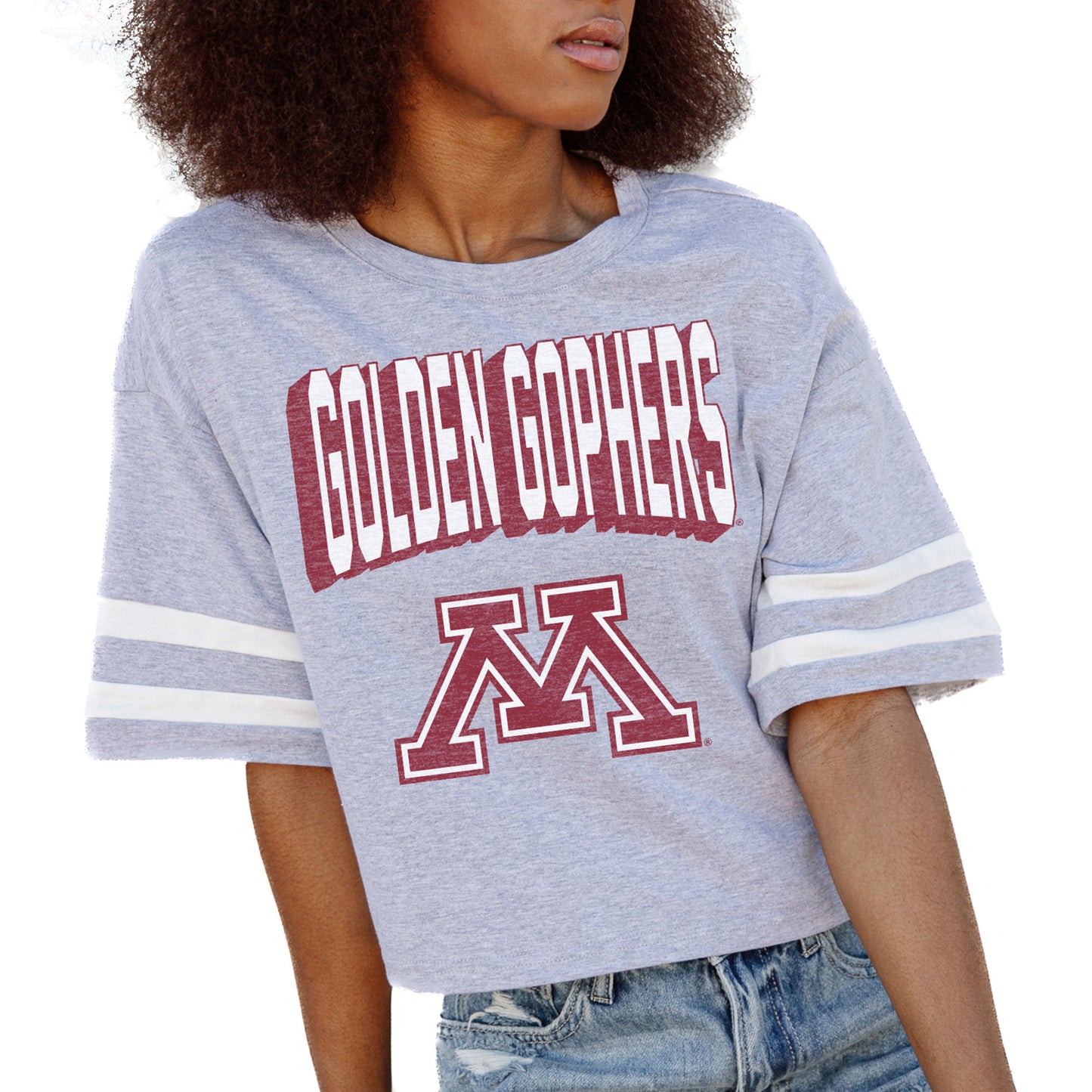 Women's Gameday Couture Gray Minnesota Golden Gophers No Shortcuts Drop Shoulder Sleeve Stripe Cropped T-Shirt