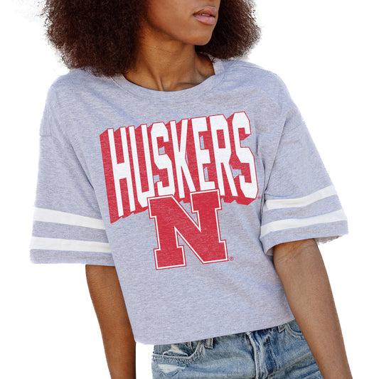 Women's Gameday Couture Gray Nebraska Huskers No Shortcuts Drop Shoulder Sleeve Stripe Cropped T-Shirt