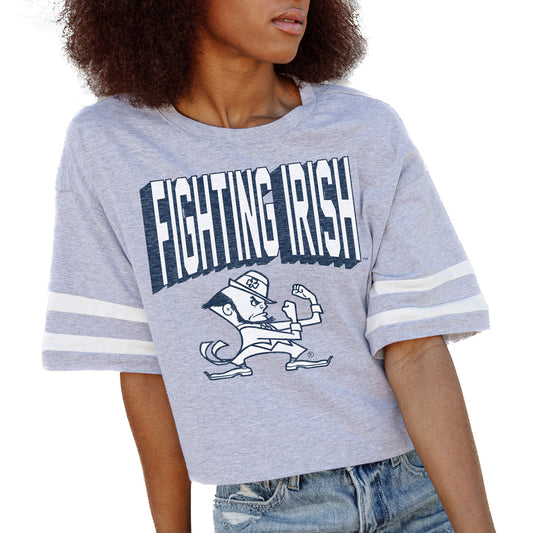 Women's Gameday Couture Gray Notre Dame Fighting Irish No Shortcuts Drop Shoulder Sleeve Stripe Cropped T-Shirt