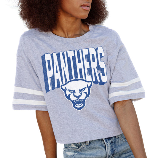 Women's Gameday Couture Gray Pitt Panthers No Shortcuts Drop Shoulder Sleeve Stripe Cropped T-Shirt