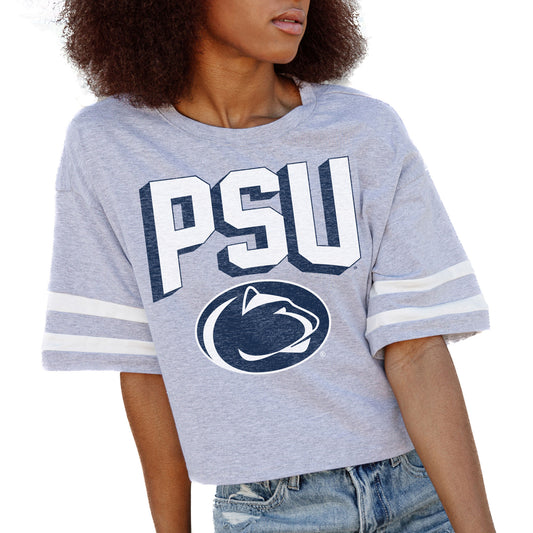 Women's Gameday Couture Gray Penn State Nittany Lions No Shortcuts Drop Shoulder Sleeve Stripe Cropped T-Shirt