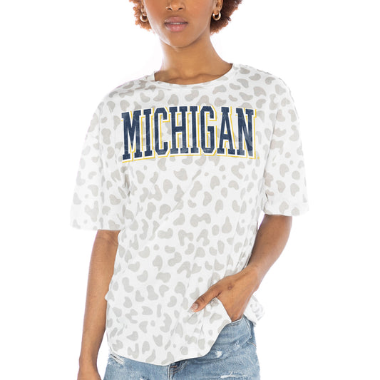 Women's Gameday Couture White Michigan Wolverines Bonus Points Subtle Leopard Print T-Shirt