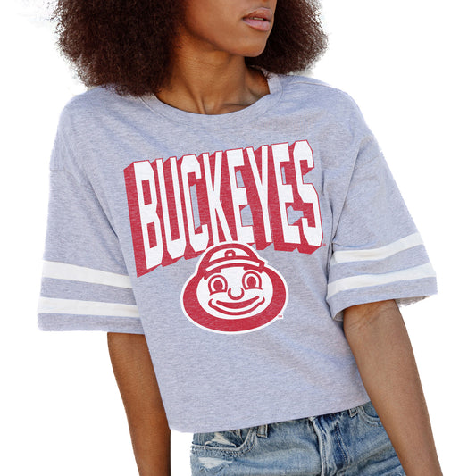 Women's Gameday Couture Gray Ohio State Buckeyes No Shortcuts Drop Shoulder Sleeve Stripe Cropped T-Shirt