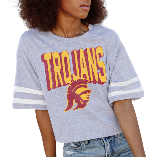 Women's Gameday Couture Gray USC Trojans No Shortcuts Drop Shoulder Sleeve Stripe Cropped T-Shirt