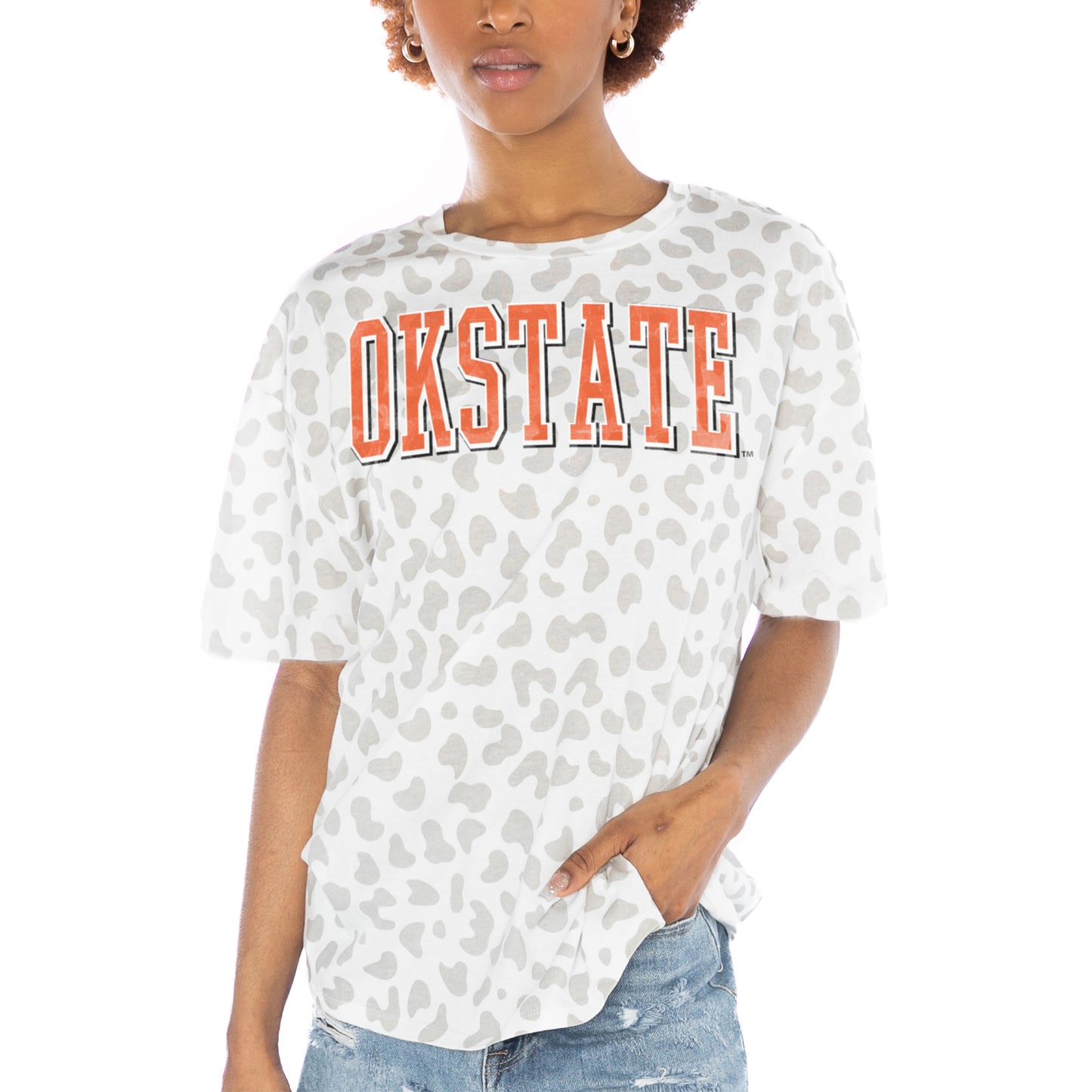 Women's Gameday Couture White Oklahoma State Cowboys Bonus Points Subtle Leopard Print Tri-Blend T-Shirt