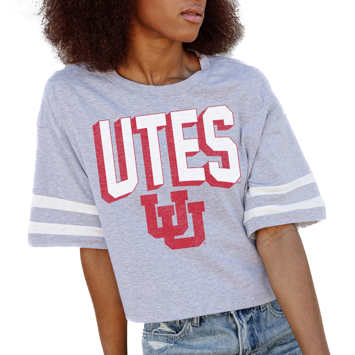 Women's Gameday Couture Gray Utah Utes No Shortcuts Drop Shoulder Sleeve Stripe Cropped T-Shirt