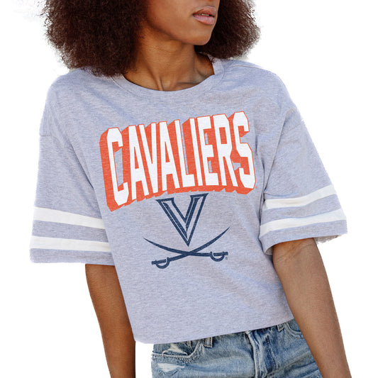 Women's Gameday Couture Gray Virginia Cavaliers No Shortcuts Drop Shoulder Sleeve Stripe Cropped T-Shirt