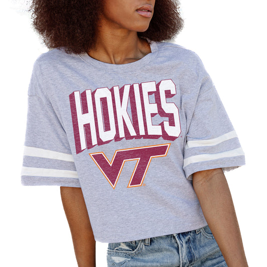 Women's Gameday Couture Gray Virginia Tech Hokies No Shortcuts Drop Shoulder Sleeve Stripe Cropped T-Shirt