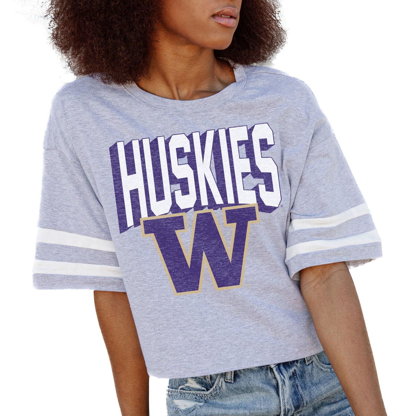 Women's Gameday Couture Gray Washington Huskies No Shortcuts Drop Shoulder Sleeve Stripe Cropped T-Shirt