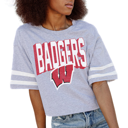 Women's Gameday Couture Gray Wisconsin Badgers No Shortcuts Drop Shoulder Sleeve Stripe Cropped T-Shirt