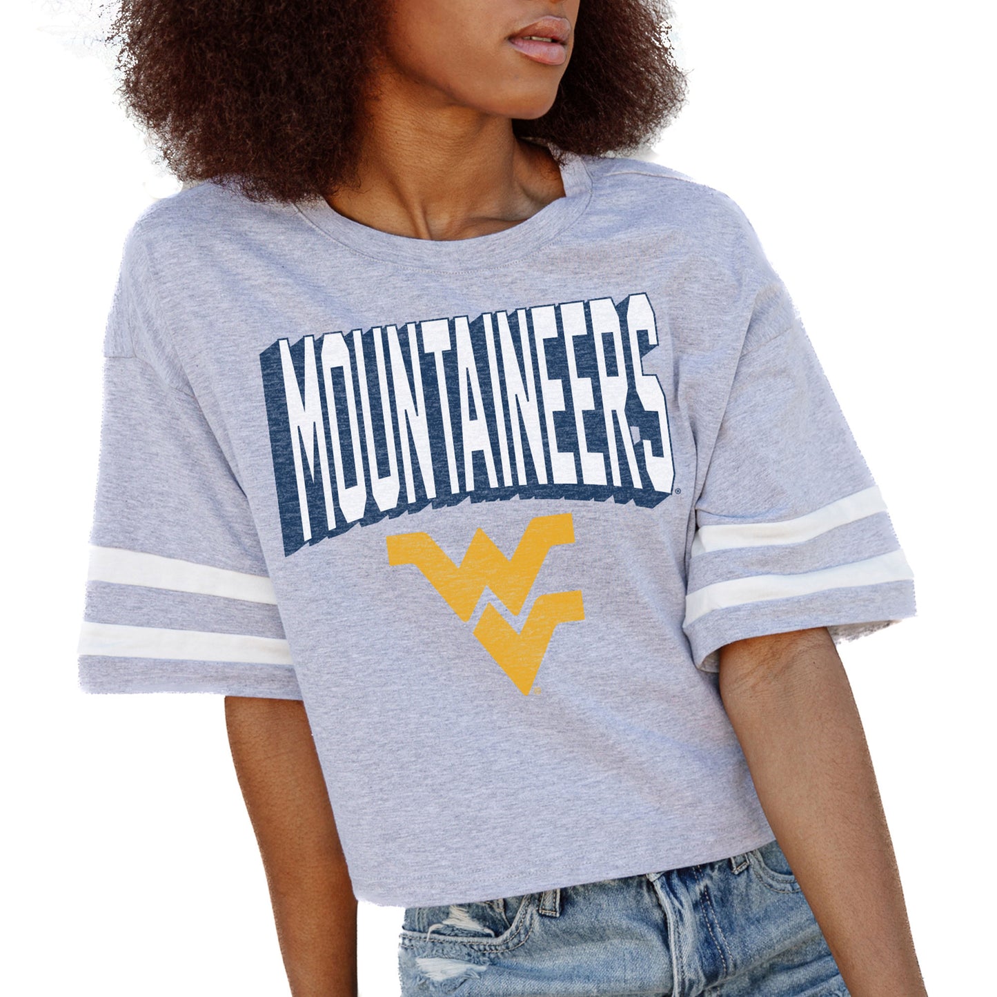 Women's Gameday Couture Gray West Virginia Mountaineers No Shortcuts Drop Shoulder Sleeve Stripe Cropped T-Shirt