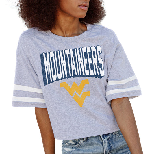 Women's Gameday Couture Gray West Virginia Mountaineers No Shortcuts Drop Shoulder Sleeve Stripe Cropped T-Shirt