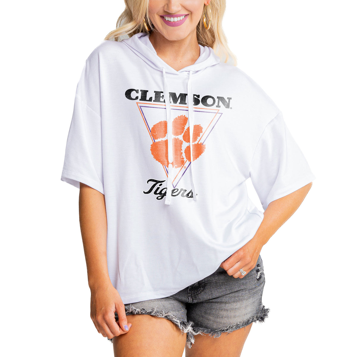 Women's Gameday Couture White Clemson Tigers Play On French Terry Tri-Blend Hoodie T-Shirt