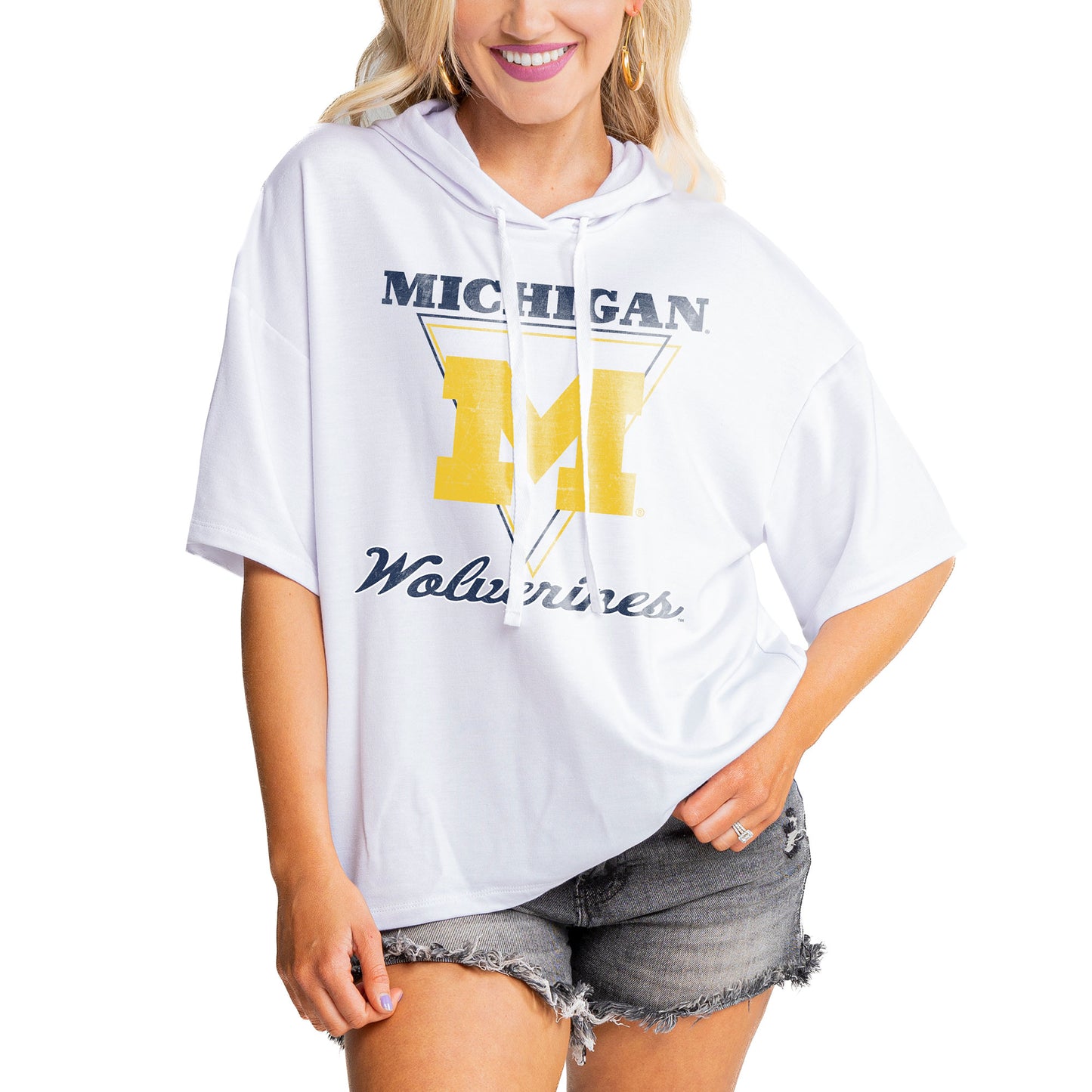 Women's Gameday Couture White Michigan Wolverines Play On French Terry Tri-Blend Hoodie T-Shirt