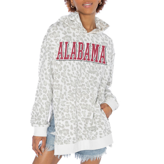 Women's Gameday Couture White Alabama Crimson Tide Home Team Advantage Leopard Print Oversized Side-Slit Pullover Hoodie