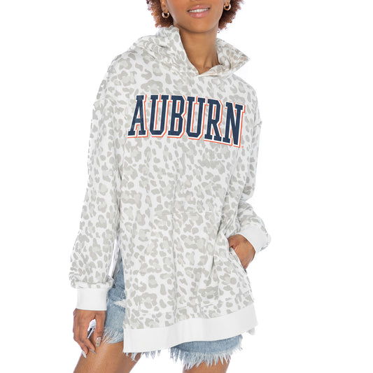 Women's Gameday Couture White Auburn Tigers Home Team Advantage Leopard Print Oversized Side-Slit Pullover Hoodie